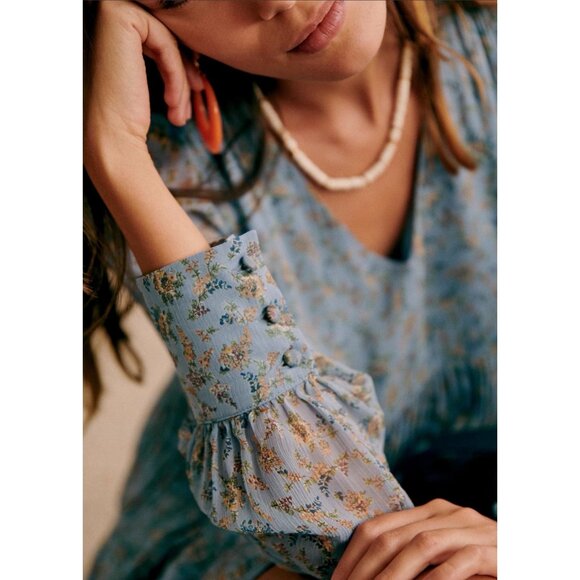 Sézane Aurena Mini Dress Vintage Blue Praire FR 46/US 14 Romantic Boho - Picture 3 of 16